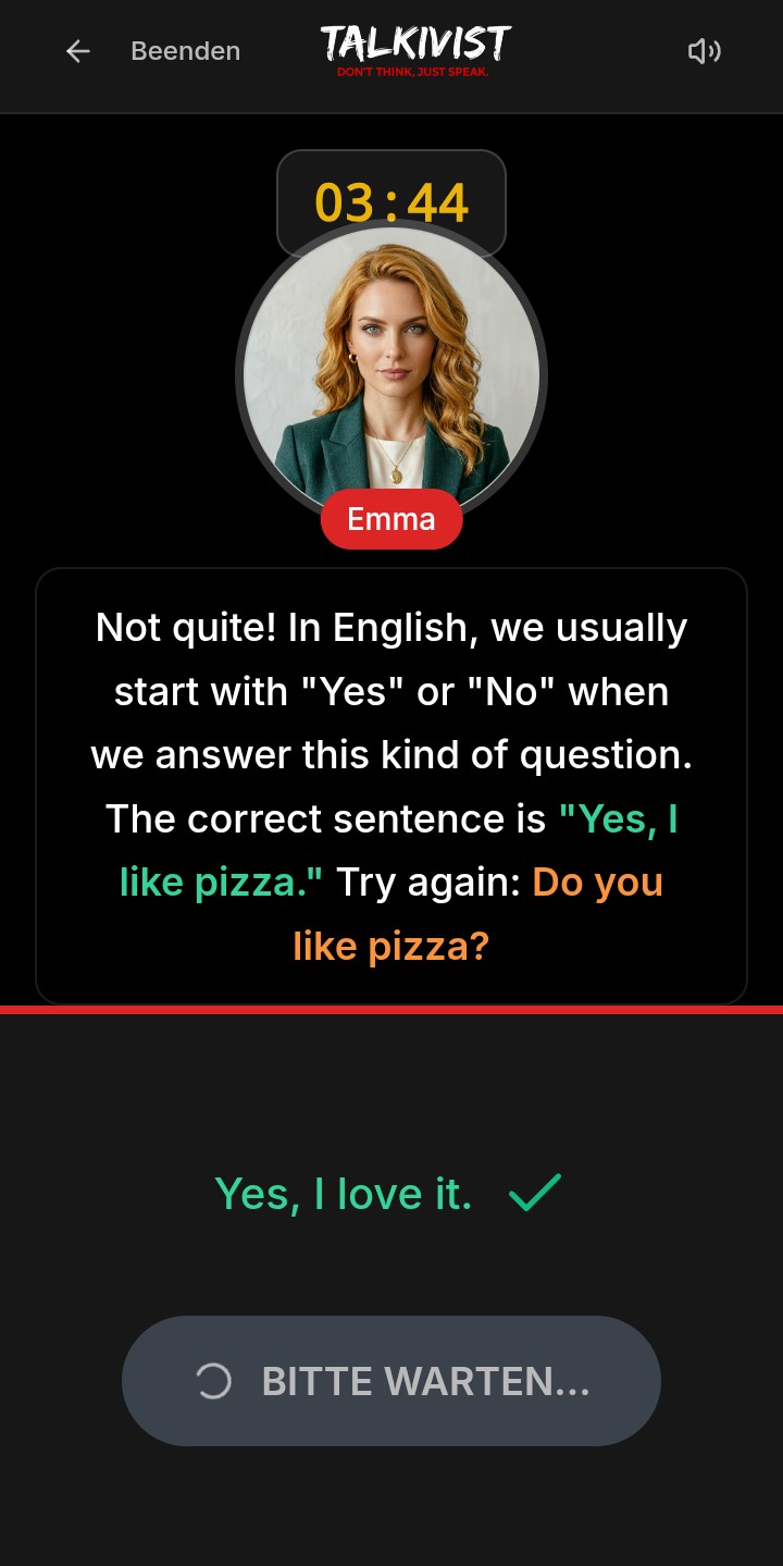 Talkivist AI Teacher app screenshot showing a live English correction session
